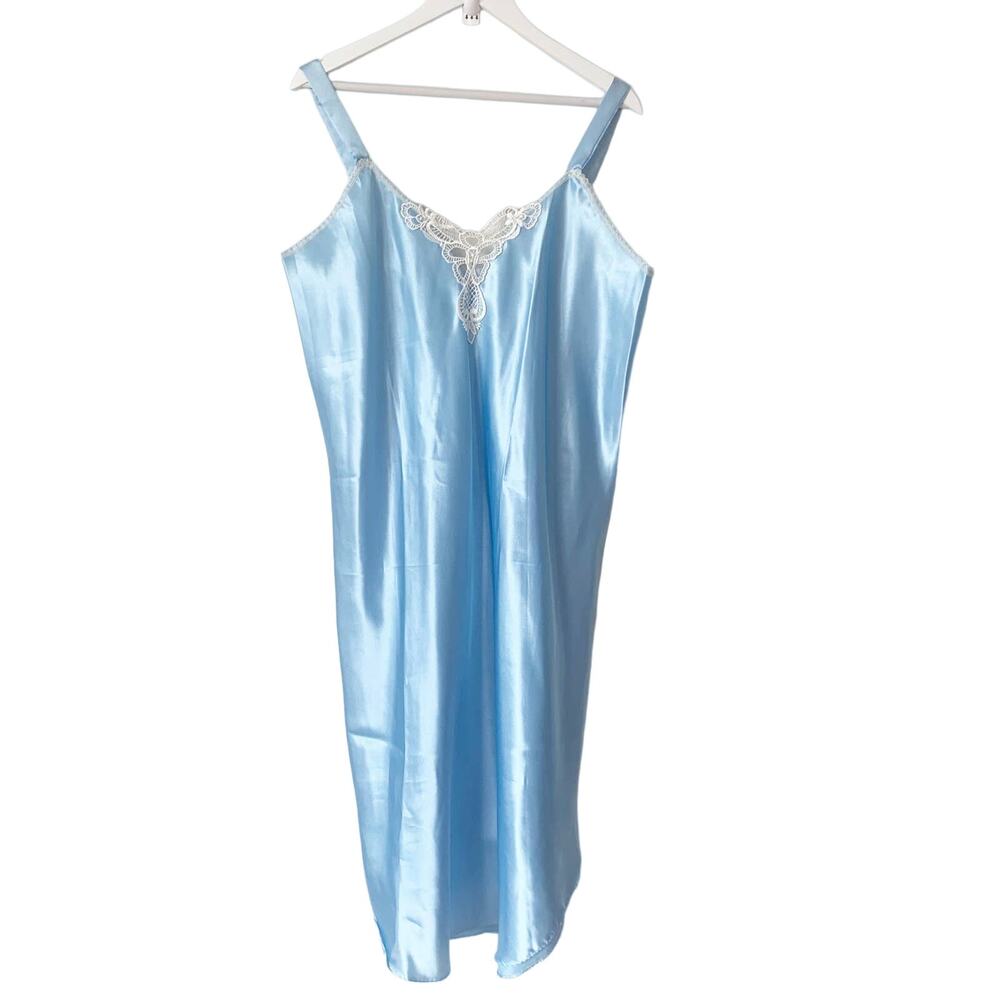Vintage Nightgown Allure Blue Lace Midi Size L Made in USA Satin Silky Longline